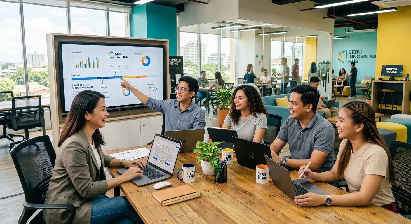 A vibrant, professional image showing a diverse team of Filipino professionals in a modern Cebu office collaborating on a project, with a focus on flexible workspaces and digital tools. Bright, optimistic mood.