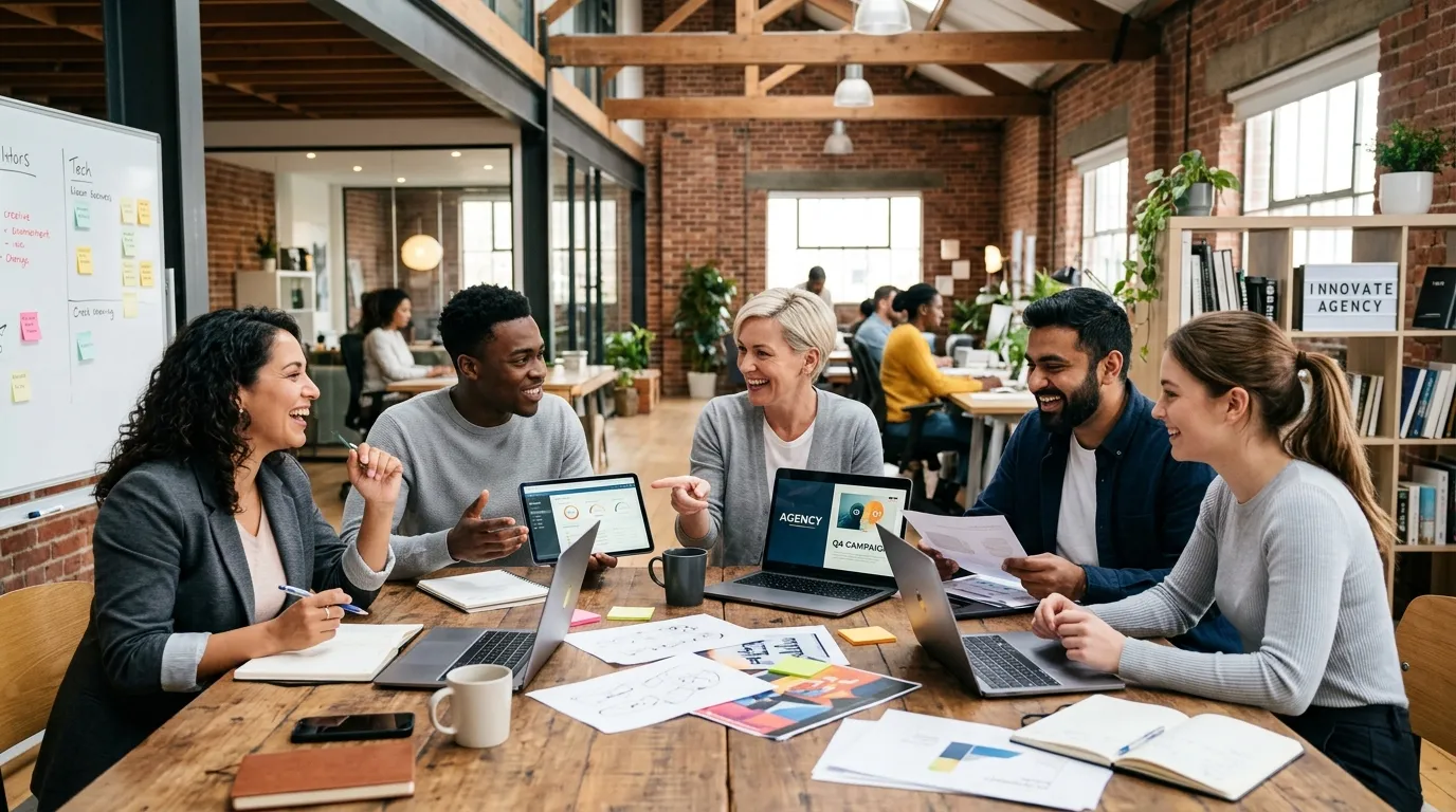 A dynamic, professional hero image showing a diverse group of agency workers in a modern warehouse or office setting, collaborating and smiling. The mood is energetic, inclusive, and productive.