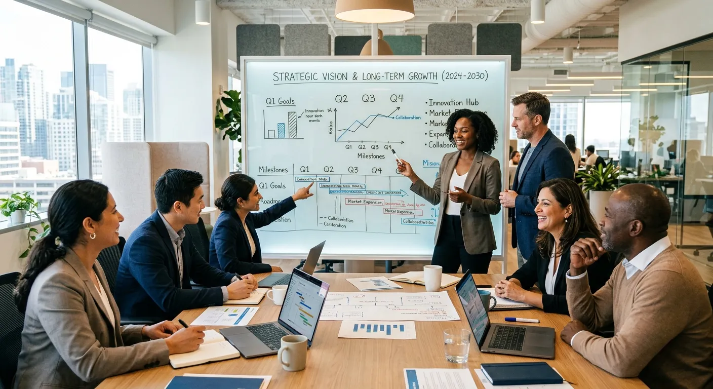 A diverse group of professionals collaborating in a modern, bright office environment, symbolizing t... A diverse group of professionals collaborating in a modern, bright office environment, symbolizing teamwork and long-term strategic planning. Professional, optimistic mood.