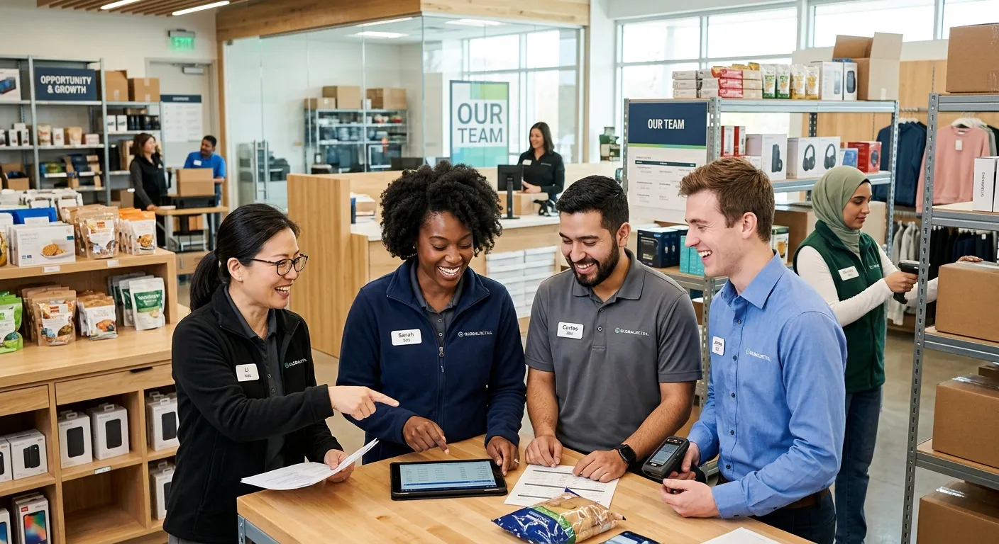 A modern, professional hero image showing a diverse team of employees in a bright, clean retail or w... A modern, professional hero image showing a diverse team of employees in a bright, clean retail or warehouse environment, collaborating and smiling. The style is crisp, high-contrast, and conveys a sense of opportunity and professional growth.