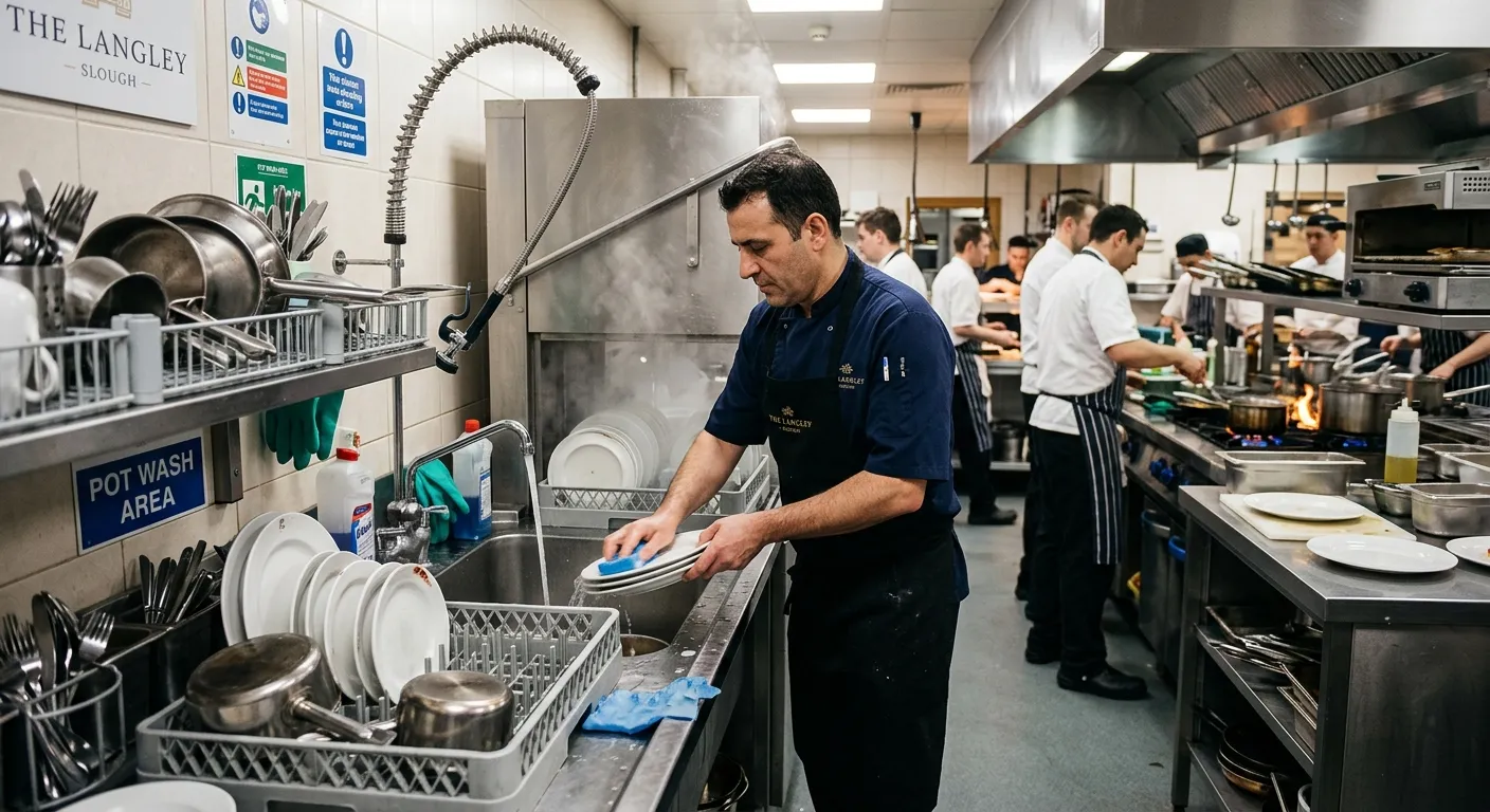 A professional, clean, and bustling hotel or restaurant kitchen in Slough, showing a Kitchen Porter... A professional, clean, and bustling hotel or restaurant kitchen in Slough, showing a Kitchen Porter in uniform efficiently washing dishes and maintaining a clean workspace. The mood is energetic, professional, and inviting.