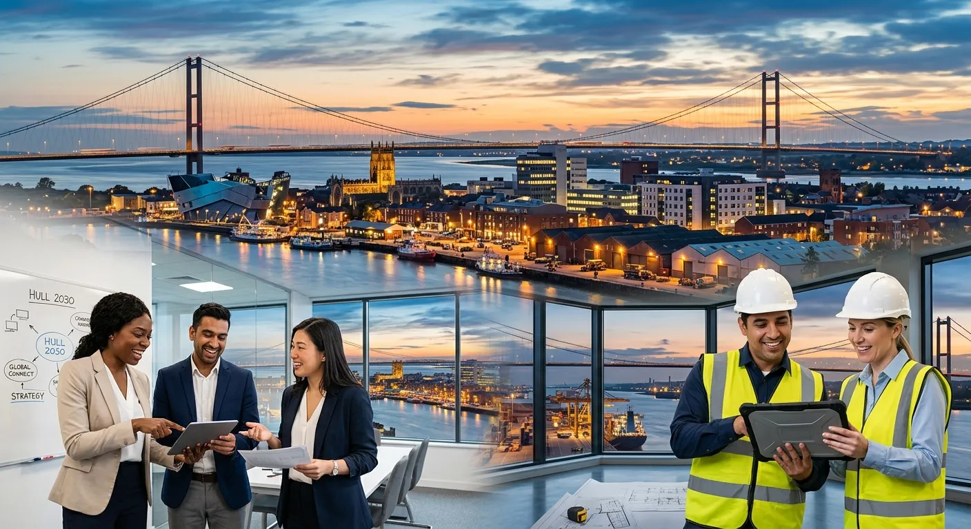A dynamic, professional photo of the Hull cityscape with the Humber Bridge, overlaid with diverse professionals smiling and collaborating in a modern office and industrial settings. Style: Inspiring, vibrant, and professional. Mood: Optimistic and forward-moving.