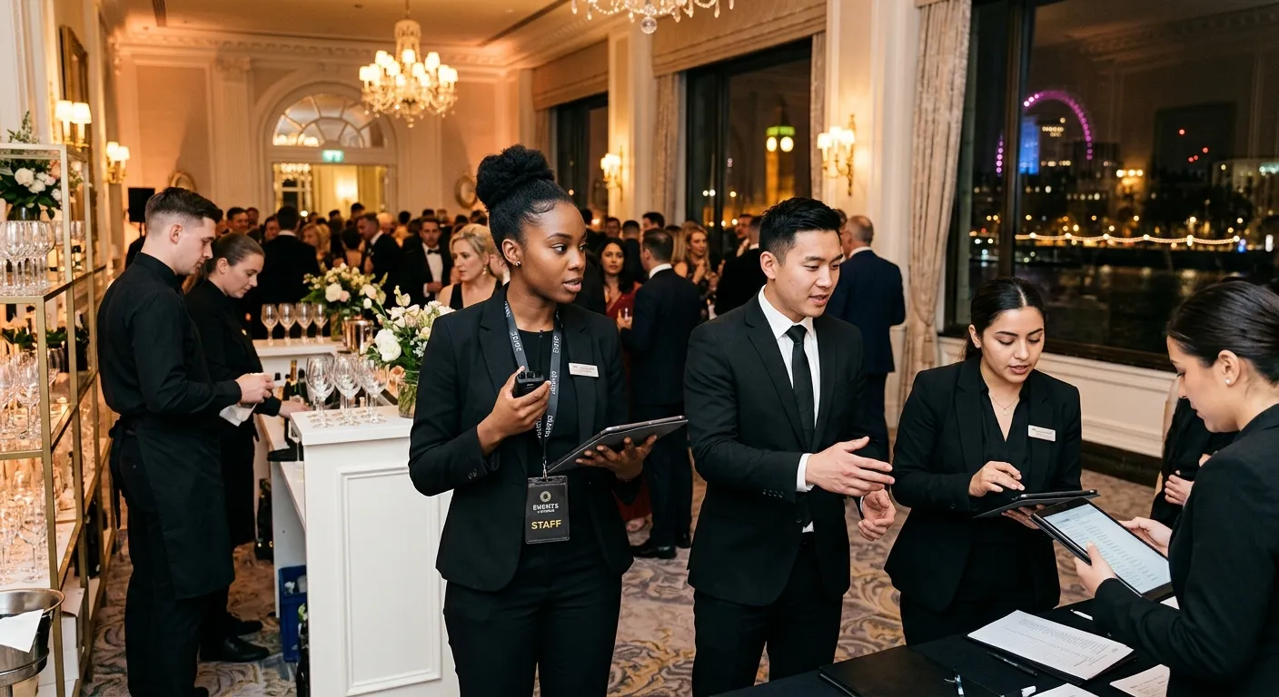A dynamic, professional shot of a diverse team of event staff in London, dressed in black-tie and sm... A dynamic, professional shot of a diverse team of event staff in London, dressed in black-tie and smart uniforms, working seamlessly at an upscale venue. Style is modern, vibrant, and conveys energy and precision.
