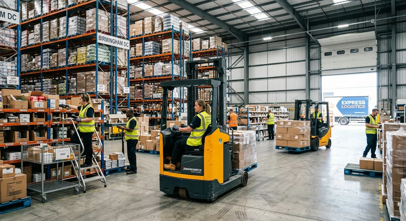 A dynamic, high-energy shot of a modern Birmingham warehouse distribution centre in action, with staff efficiently moving goods on forklifts and picking orders. Professional, vibrant, and industrious mood.