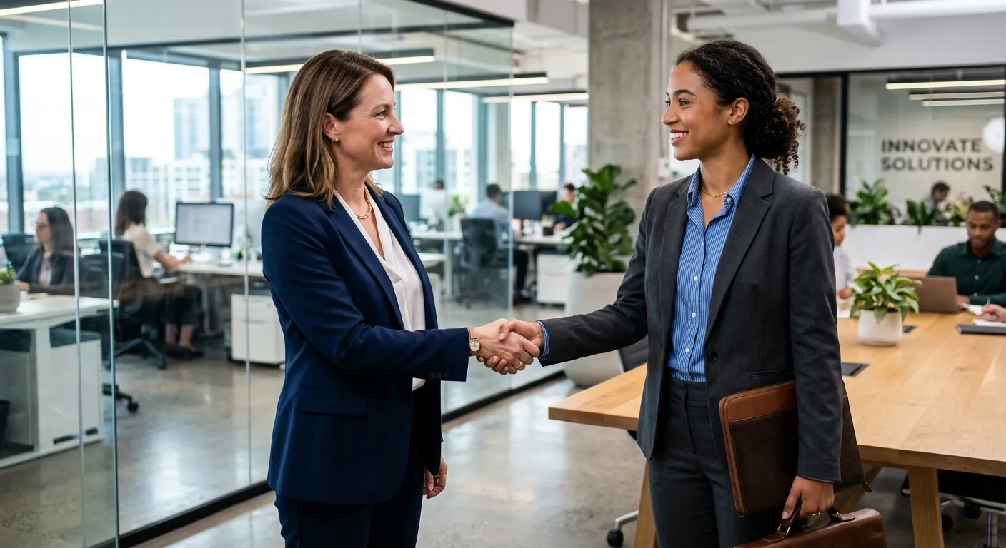 A professional, high-contrast image of a confident hiring manager shaking hands with a well-dressed... A professional, high-contrast image of a confident hiring manager shaking hands with a well-dressed candidate in a modern office setting. The mood is positive, successful, and strategic. Focus on the handshake and professional attire.