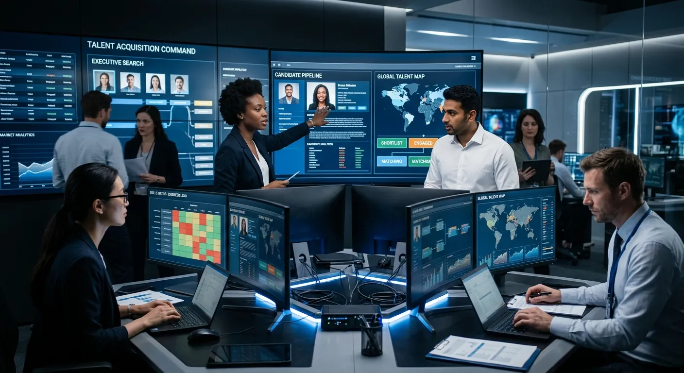 A professional, dynamic scene in a modern command centre or high-tech office. A diverse team of focu... A professional, dynamic scene in a modern command centre or high-tech office. A diverse team of focused recruitment specialists and headhunters analyse multiple data screens showing candidate profiles, skill matrices, and market maps. The style is sharp, professional, with a tone of strategic precision and exclusive access.