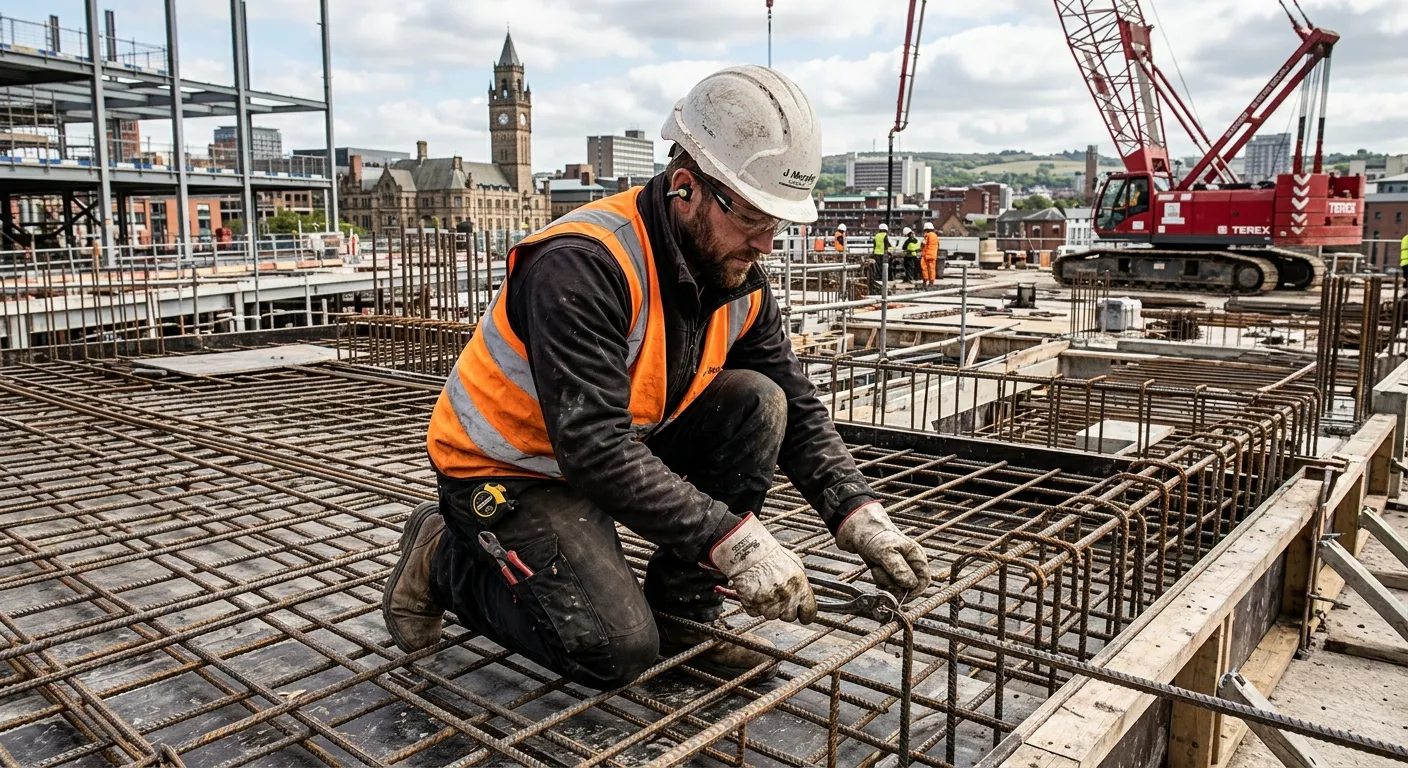Professional photograph of a skilled steel fixer at work on a construction site in Sheffield, wearing full PPE including a hard hat and gloves, carefully positioning and tying rebar on a large concrete slab. The image conveys safety, skill, and the industrial environment of a major UK city project.
