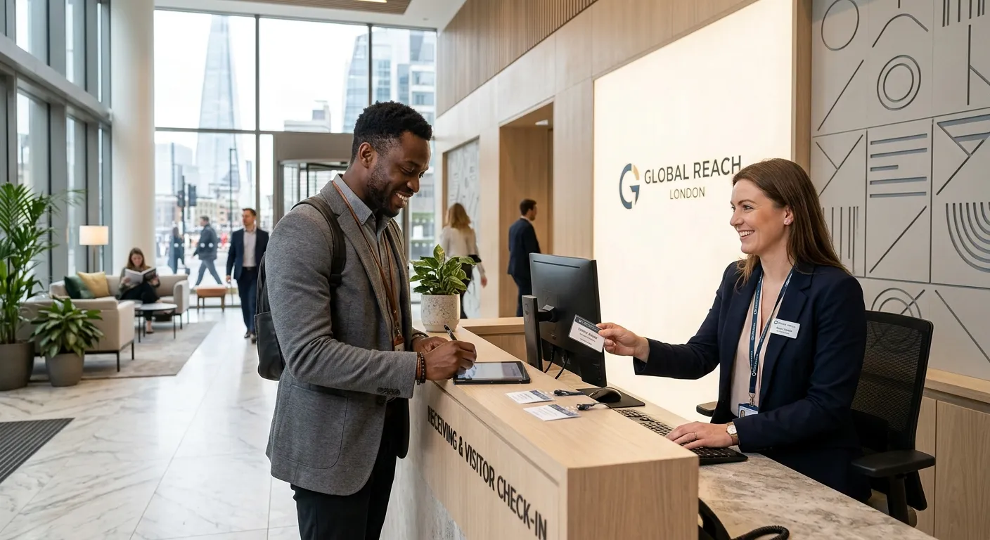 A professional, welcoming receptionist in a modern London office lobby, smiling and assisting a visitor. Bright, clean, and professional atmosphere.