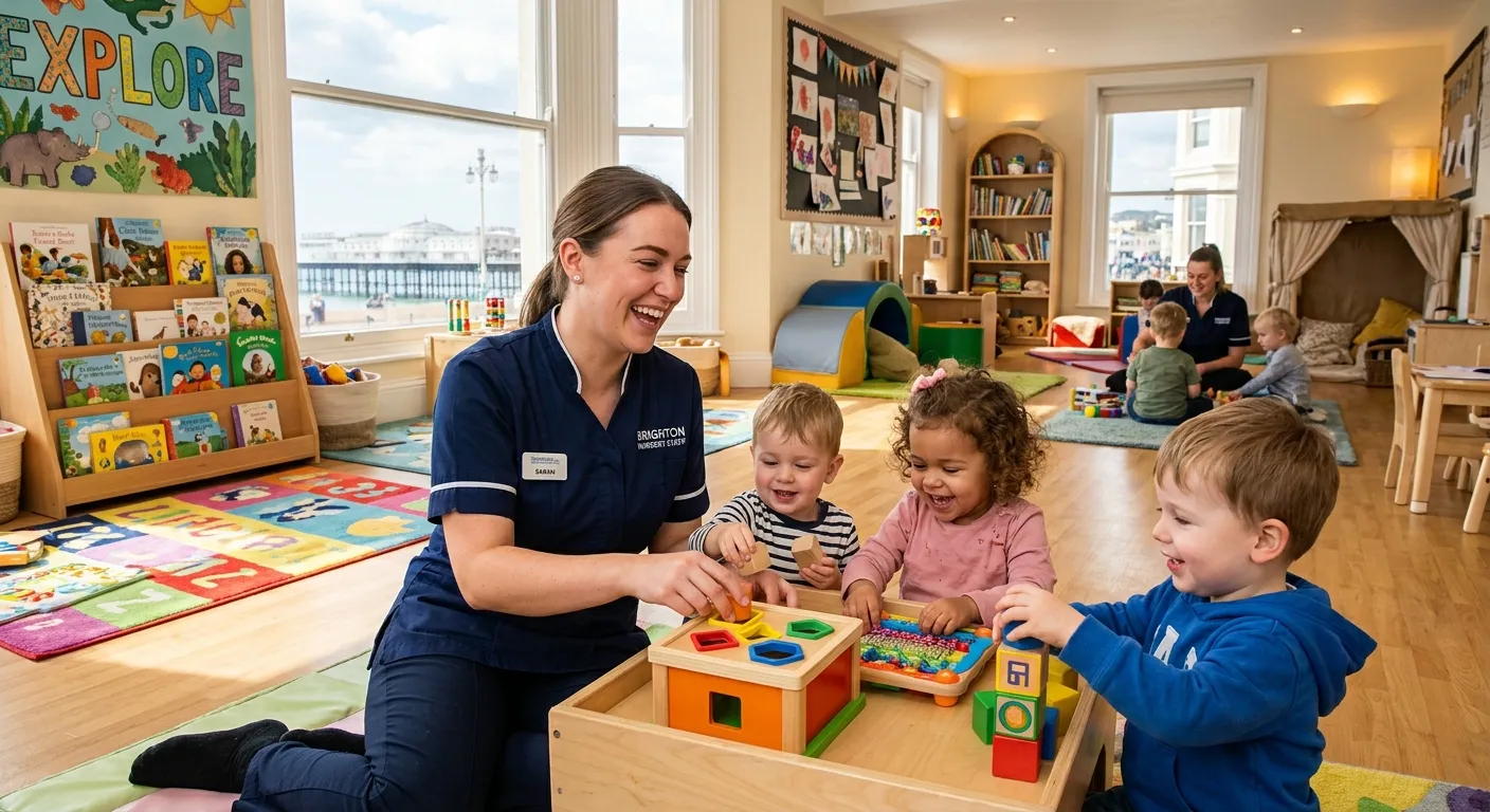 A cheerful Nursery Nurse in a professional setting in Brighton, interacting with young children in a... A cheerful Nursery Nurse in a professional setting in Brighton, interacting with young children in a bright, well-equipped room. Professional, warm, and welcoming atmosphere.