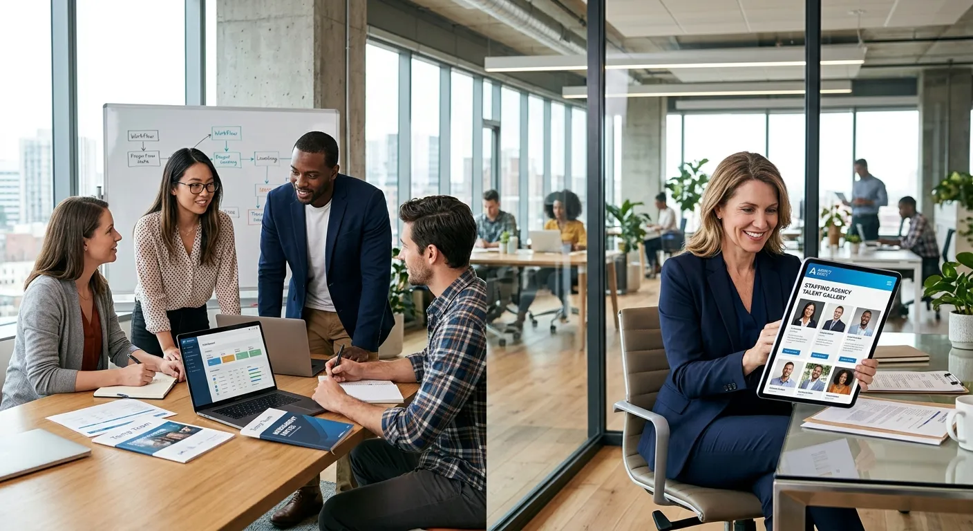 A professional, high-resolution composite image showing a modern, well-lit office environment. On th... A professional, high-resolution composite image showing a modern, well-lit office environment. On the left, a diverse team of temp workers collaborates around a laptop. On the right, a hiring manager smiles while reviewing a tablet displaying a gallery of professional agency photos and branding elements. The mood is dynamic, professional, and forward-thinking.