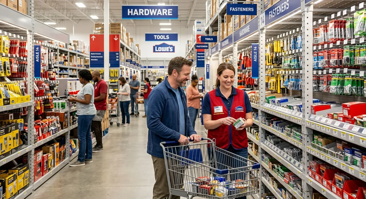 A professional, high-resolution image of a modern Lowe's store interior, with friendly staff in red... A professional, high-resolution image of a modern Lowe's store interior, with friendly staff in red vests assisting a customer in the hardware aisle. Bright, well-lit, and welcoming atmosphere.