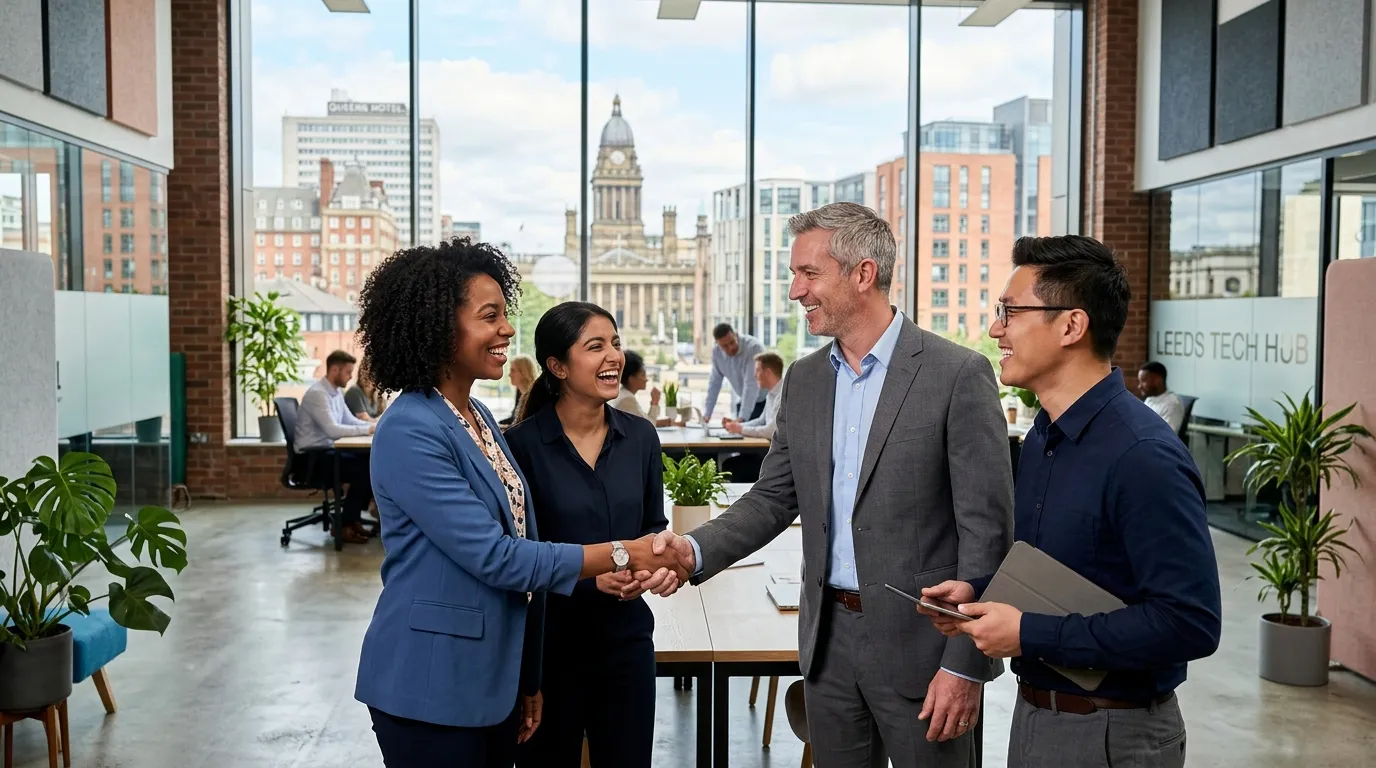 A professional, dynamic hero image showing a diverse group of professionals in a modern Leeds office... A professional, dynamic hero image showing a diverse group of professionals in a modern Leeds office setting, shaking hands and smiling. The mood is energetic, collaborative, and successful.