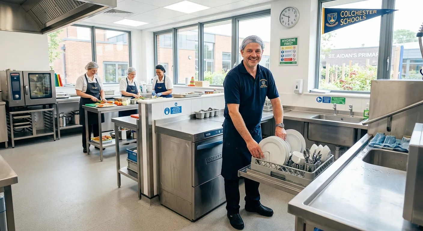 A clean, bright, and professional image of a modern school kitchen in Colchester. A friendly kitchen... A clean, bright, and professional image of a modern school kitchen in Colchester. A friendly kitchen porter in a neat uniform is smiling while loading a commercial dishwasher, with other kitchen staff visible in the background. The mood is professional, hygienic, and welcoming.