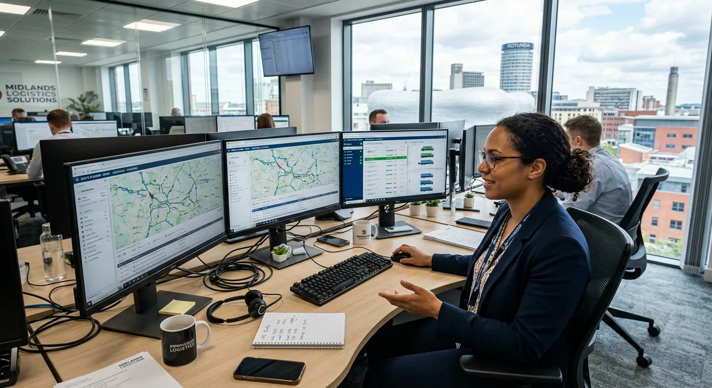 A professional transport planner at work in a modern logistics office in Birmingham, using multiple... A professional transport planner at work in a modern logistics office in Birmingham, using multiple computer screens with route planning software, looking focused and efficient.