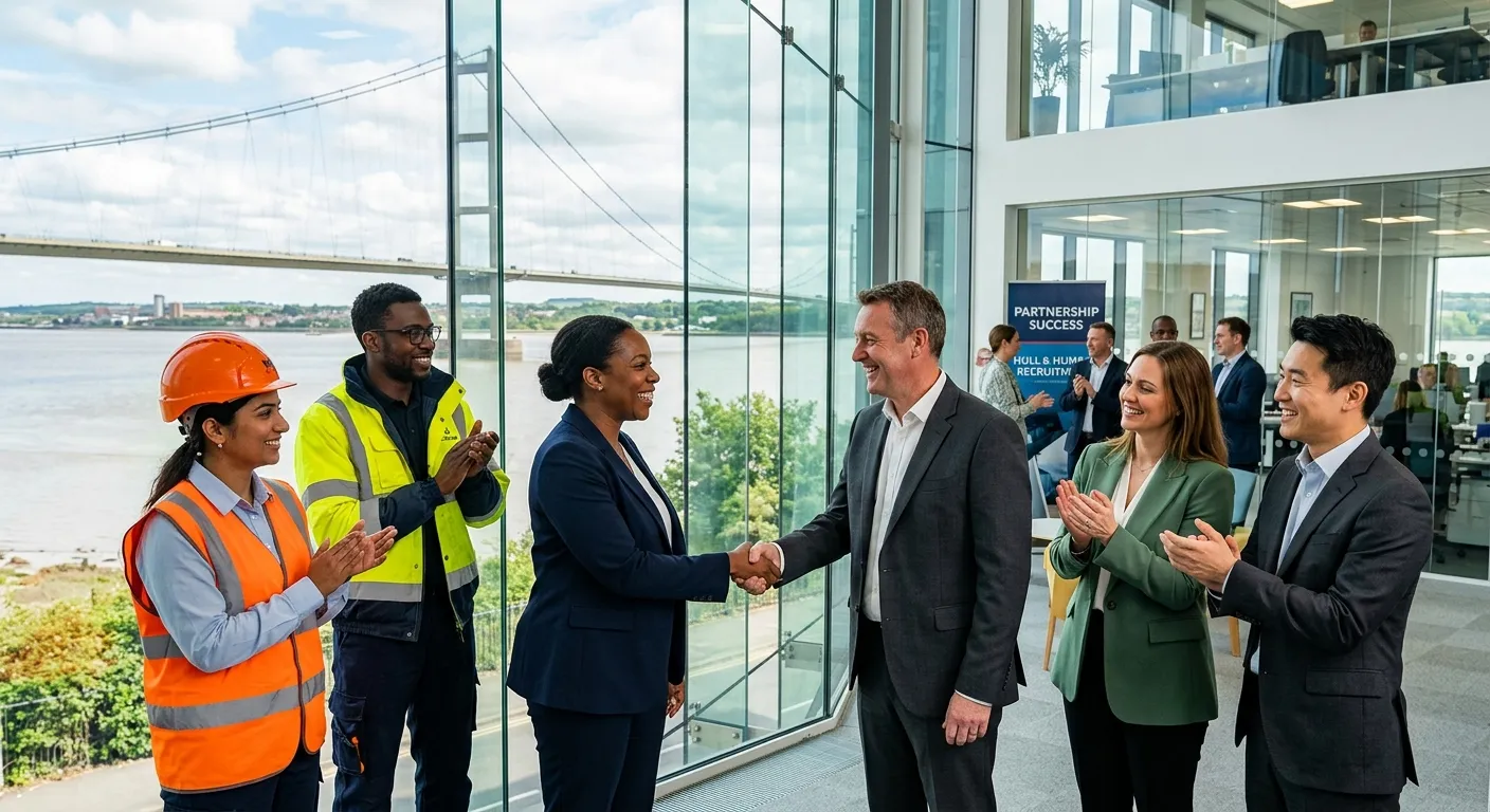 A professional, high-energy photo of a diverse group of people in business and industrial attire sha... A professional, high-energy photo of a diverse group of people in business and industrial attire shaking hands in a modern office overlooking the Humber Bridge, symbolizing successful recruitment partnerships in Hull. Style: Professional, vibrant, hopeful.