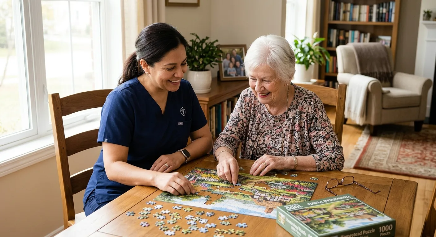 A warm, professional photo of a temporary caregiver assisting a senior with a puzzle at home. The mood is compassionate, respectful, and trustworthy, featuring natural light and a clean, safe home environment.