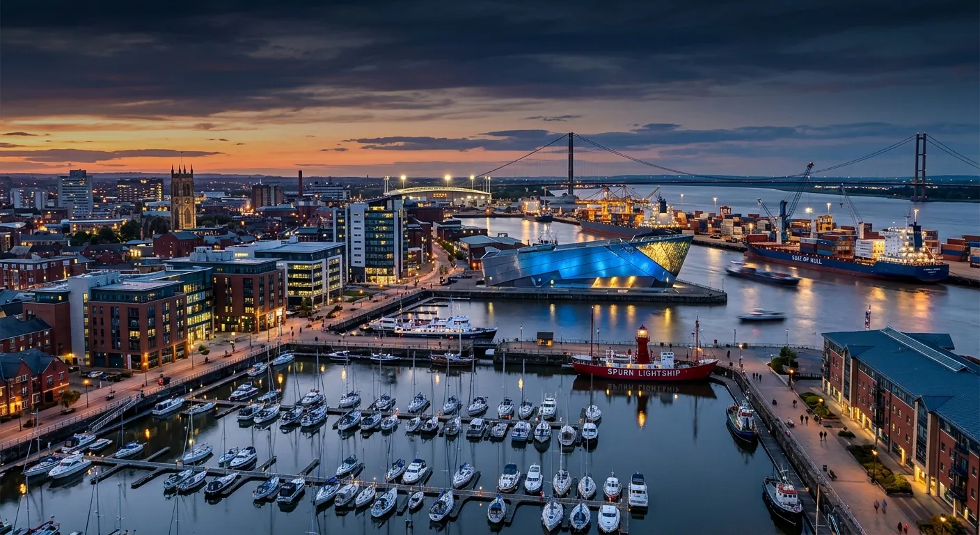 A dynamic, professional photo of the Hull cityscape and marina, with modern office buildings and a busy port in the background, symbolising commerce and opportunity. Overlaid with semi-transparent dark gradient for text readability.