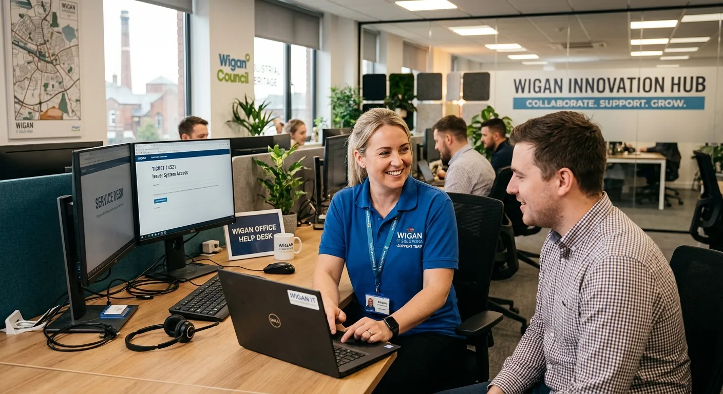 A professional, welcoming photo of a modern IT support technician at a helpdesk in a Wigan-based off... A professional, welcoming photo of a modern IT support technician at a helpdesk in a Wigan-based office, smiling while assisting a colleague. The image should convey competence and a local, friendly work environment.