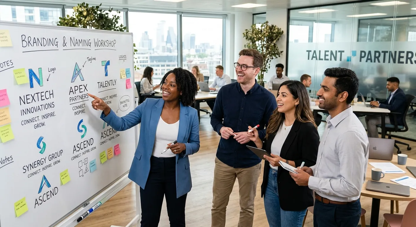 A professional, high-energy office scene showing a diverse team of recruiters and HR professionals c... A professional, high-energy office scene showing a diverse team of recruiters and HR professionals collaborating in a modern workspace, with whiteboards displaying potential company names and branding concepts. Style: Bright, professional, aspirational.