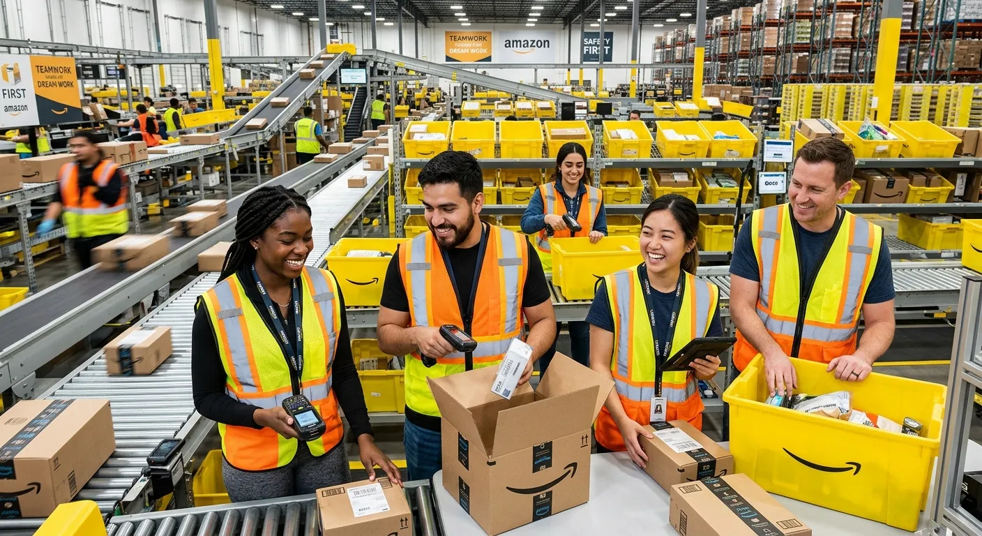 A dynamic, high-energy photo of a diverse group of Amazon temporary workers in a modern fulfillment center, smiling and collaborating. They are wearing safety vests, some are scanning packages, others are operating handheld devices. The style is professional, bright, and inspiring, conveying teamwork and efficiency.
