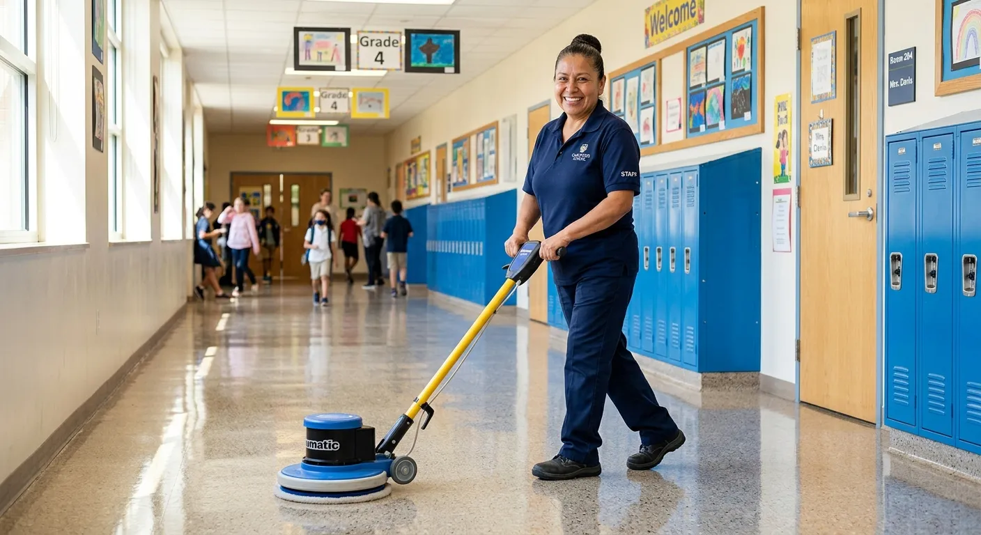 A respectful, professional photo of a school cleaner in a uniform, smiling while polishing a bright,... A respectful, professional photo of a school cleaner in a uniform, smiling while polishing a bright, sunlit school corridor, with lockers and student artwork visible in the background.