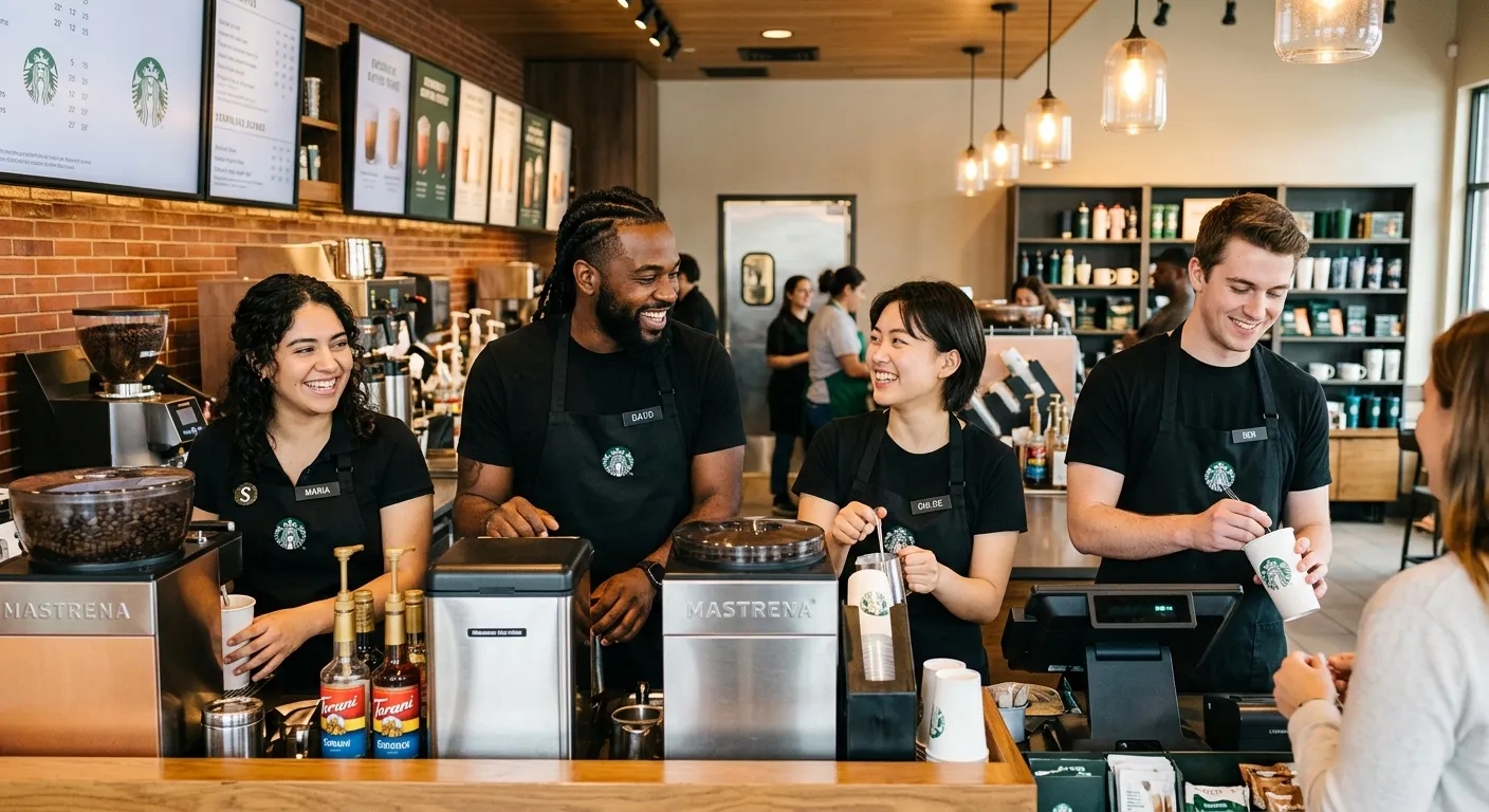 A modern, professional photograph of a diverse team of Starbucks baristas smiling behind a coffee ba... A modern, professional photograph of a diverse team of Starbucks baristas smiling behind a coffee bar in a well-lit store, with a focus on teamwork and a positive atmosphere. Style: bright, authentic, corporate.