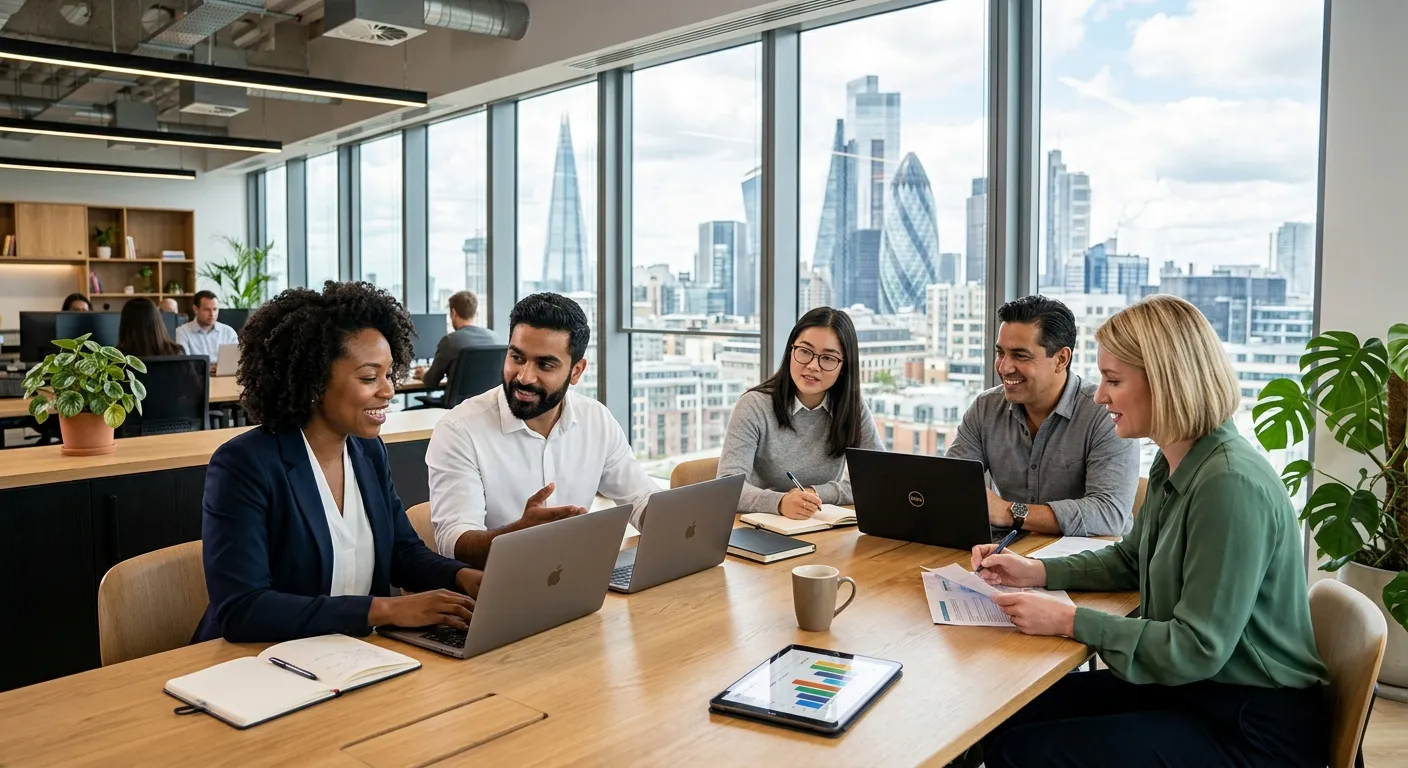 A modern, professional office environment with a diverse team of professionals collaborating at a ta... A modern, professional office environment with a diverse team of professionals collaborating at a table. In the background, a city skyline is visible. Style: High-resolution, bright, professional stock photo. Mood: Dynamic, successful, and forward-thinking.