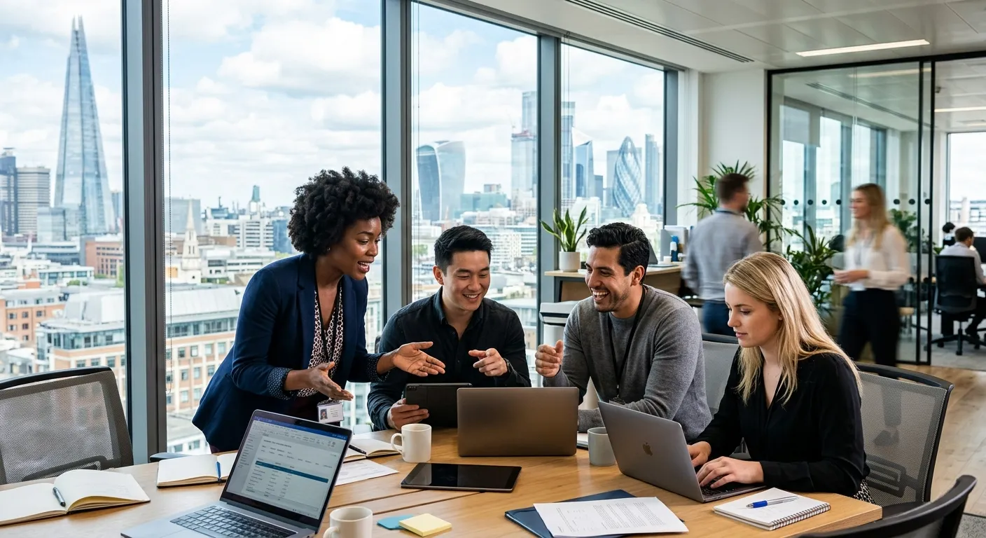 A dynamic, professional photo of diverse temporary workers collaborating in a modern London office, with iconic London skyline visible through windows. Style: Vibrant, energetic, professional. Mood: Productive and fast-paced.