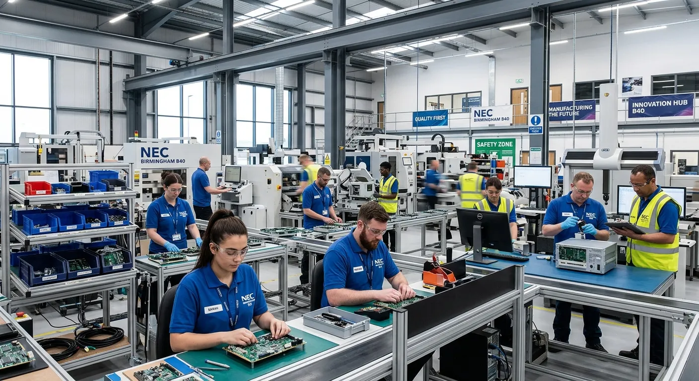 Professional, well-lit photo of a modern factory floor at the NEC Birmingham B40 area, showing worke... Professional, well-lit photo of a modern factory floor at the NEC Birmingham B40 area, showing workers engaged in assembly or quality control, conveying a sense of activity and opportunity.