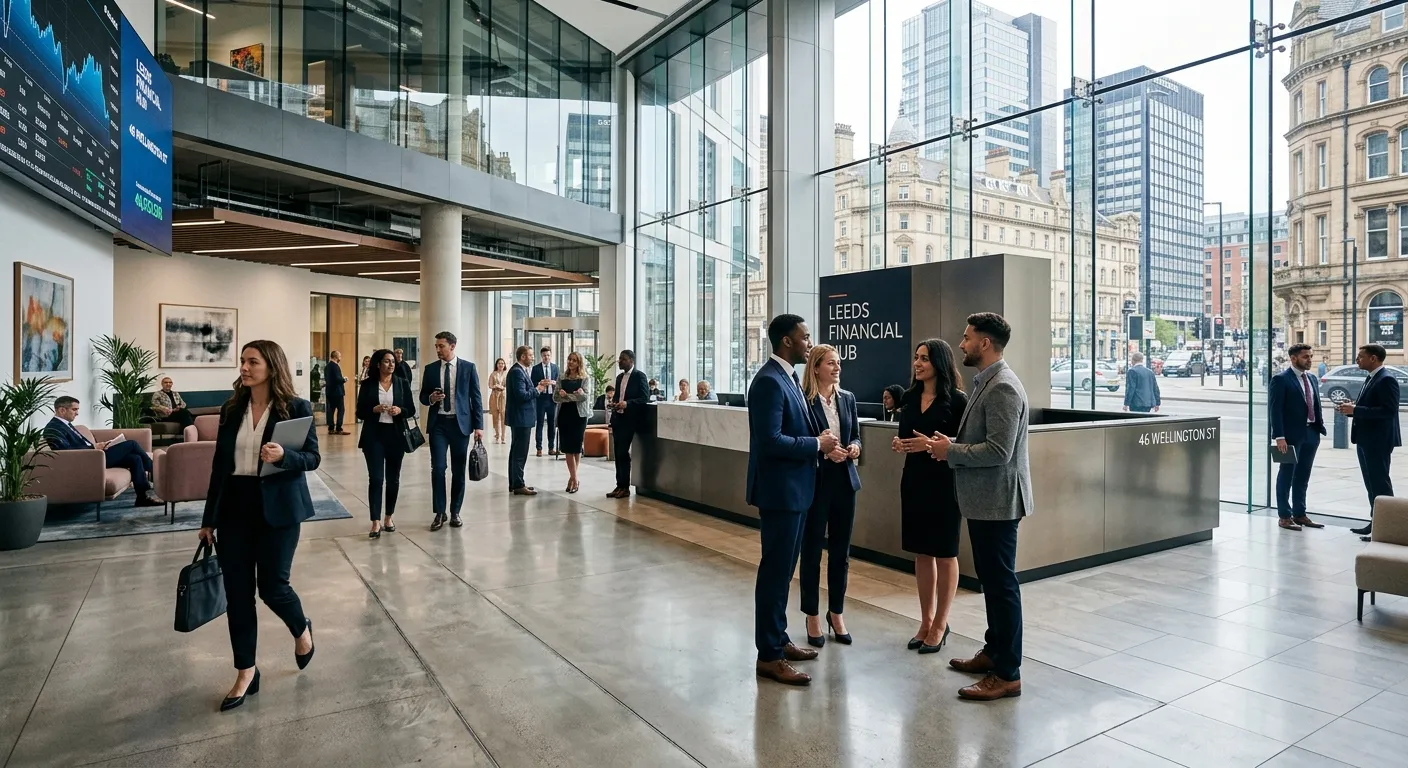 Professional photo of a modern Leeds financial district office lobby, with professionals in business... Professional photo of a modern Leeds financial district office lobby, with professionals in business attire conversing.