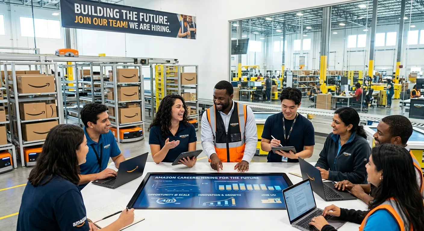 A modern, professional shot of a diverse Amazon warehouse or corporate team collaborating in a bright, high-tech environment, symbolising opportunity and large-scale hiring