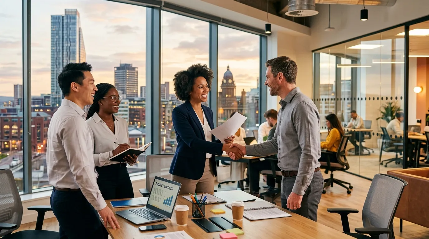 A dynamic, professional hero image showing a diverse team of professionals in a modern Leeds office setting, shaking hands and collaborating, with Leeds skyline visible through a window. Style: Modern, vibrant, inspiring.