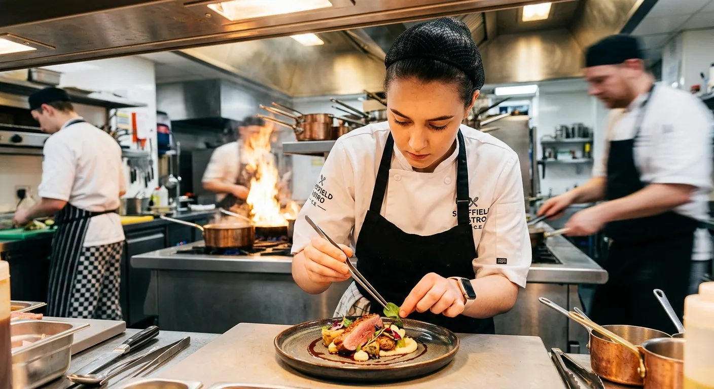 A high-energy, professional photo of a Commis Chef in a busy, modern kitchen in Sheffield, carefully... A high-energy, professional photo of a Commis Chef in a busy, modern kitchen in Sheffield, carefully plating a dish. The atmosphere is clean, vibrant, and focused, highlighting the dynamic nature of the role.