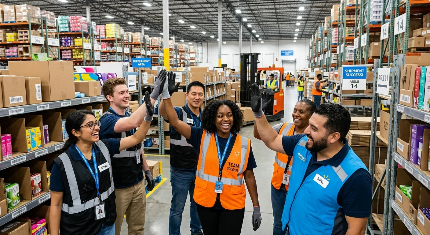 A diverse group of happy seasonal workers in a retail warehouse setting, high-fiving and smiling, representing a successful team. Professional, bright, and energetic mood.