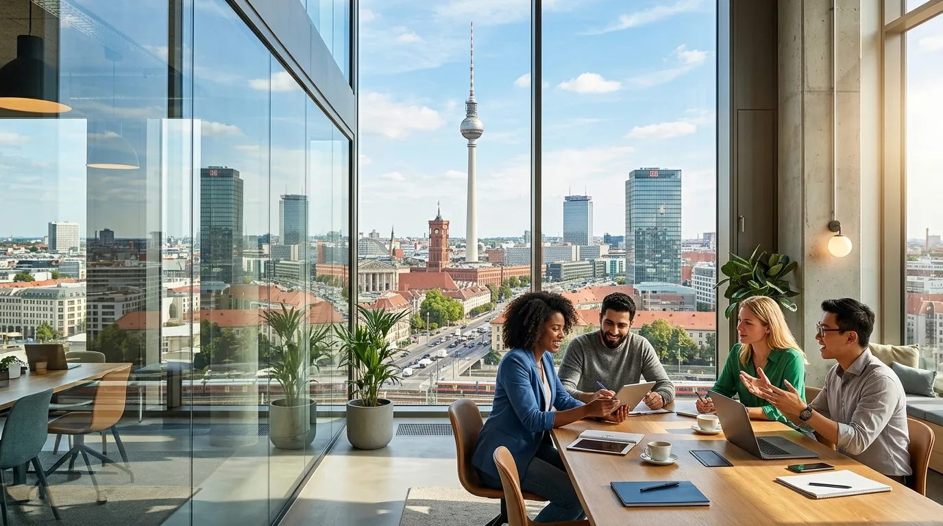 A dynamic, professional hero image of the Berlin skyline featuring landmarks like the TV Tower and m... A dynamic, professional hero image of the Berlin skyline featuring landmarks like the TV Tower and modern office buildings, with a diverse group of professionals collaborating in a sleek, sunlit co-working space in the foreground. Style: modern, vibrant, and aspirational.