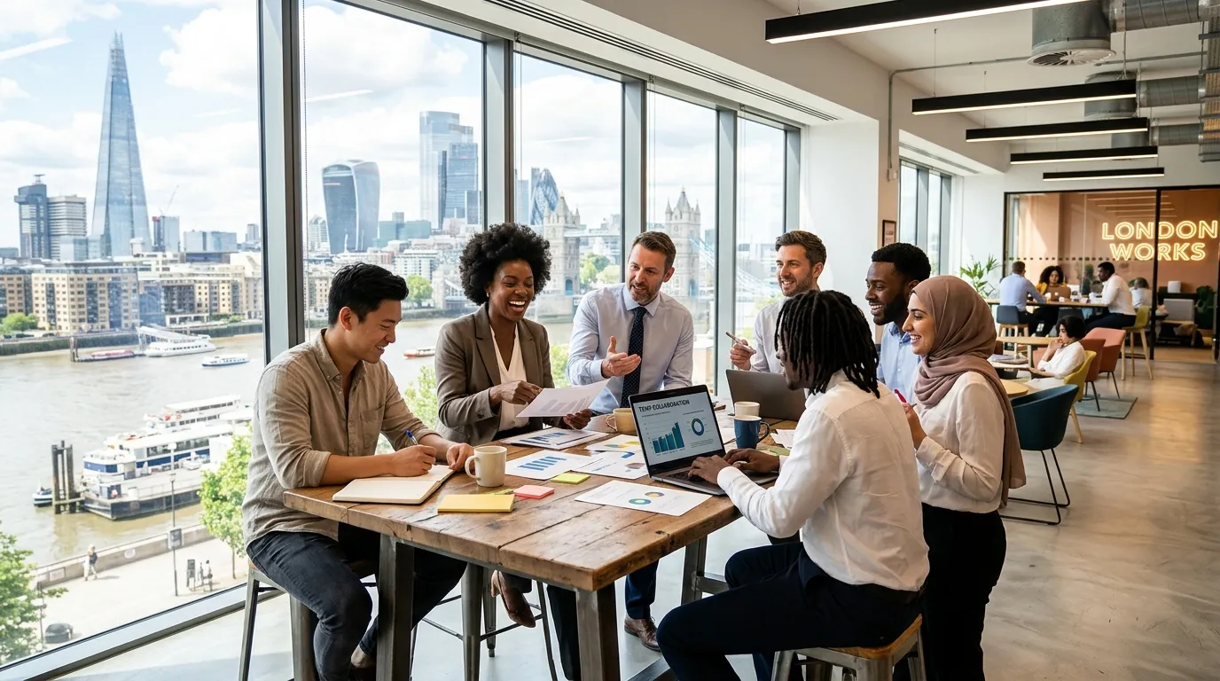A dynamic, professional hero image showing a diverse group of temporary workers and business manager... A dynamic, professional hero image showing a diverse group of temporary workers and business managers collaborating in a modern London office setting, with iconic London skyline visible through large windows. Style: Bright, optimistic, high-contrast. Mood: Energetic and professional.
