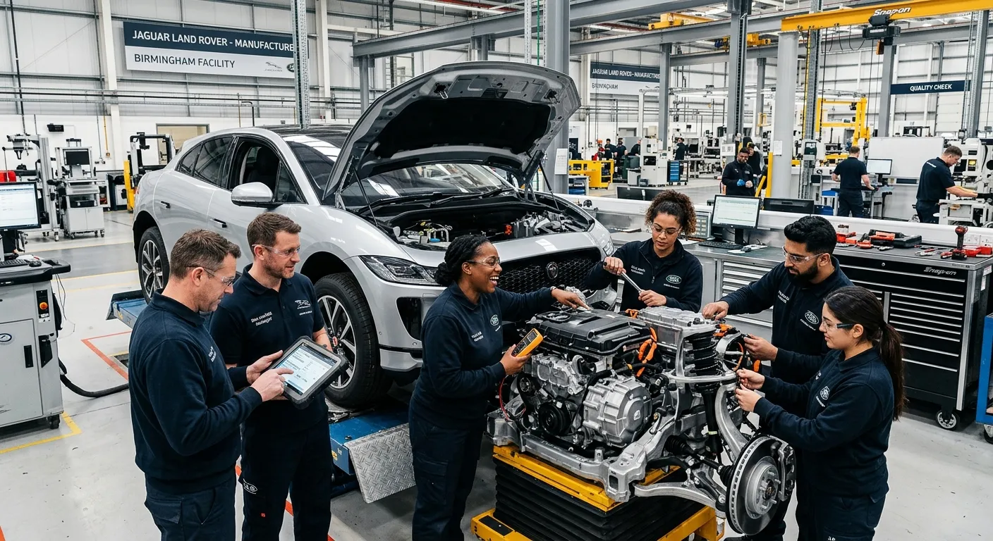 A modern, high-energy photograph of a diverse team of automotive technicians and managers in a state-of-the-art Birmingham garage or automotive plant, collaborating on a vehicle. Style is professional, vibrant, and industrial, emphasizing skill and technology.