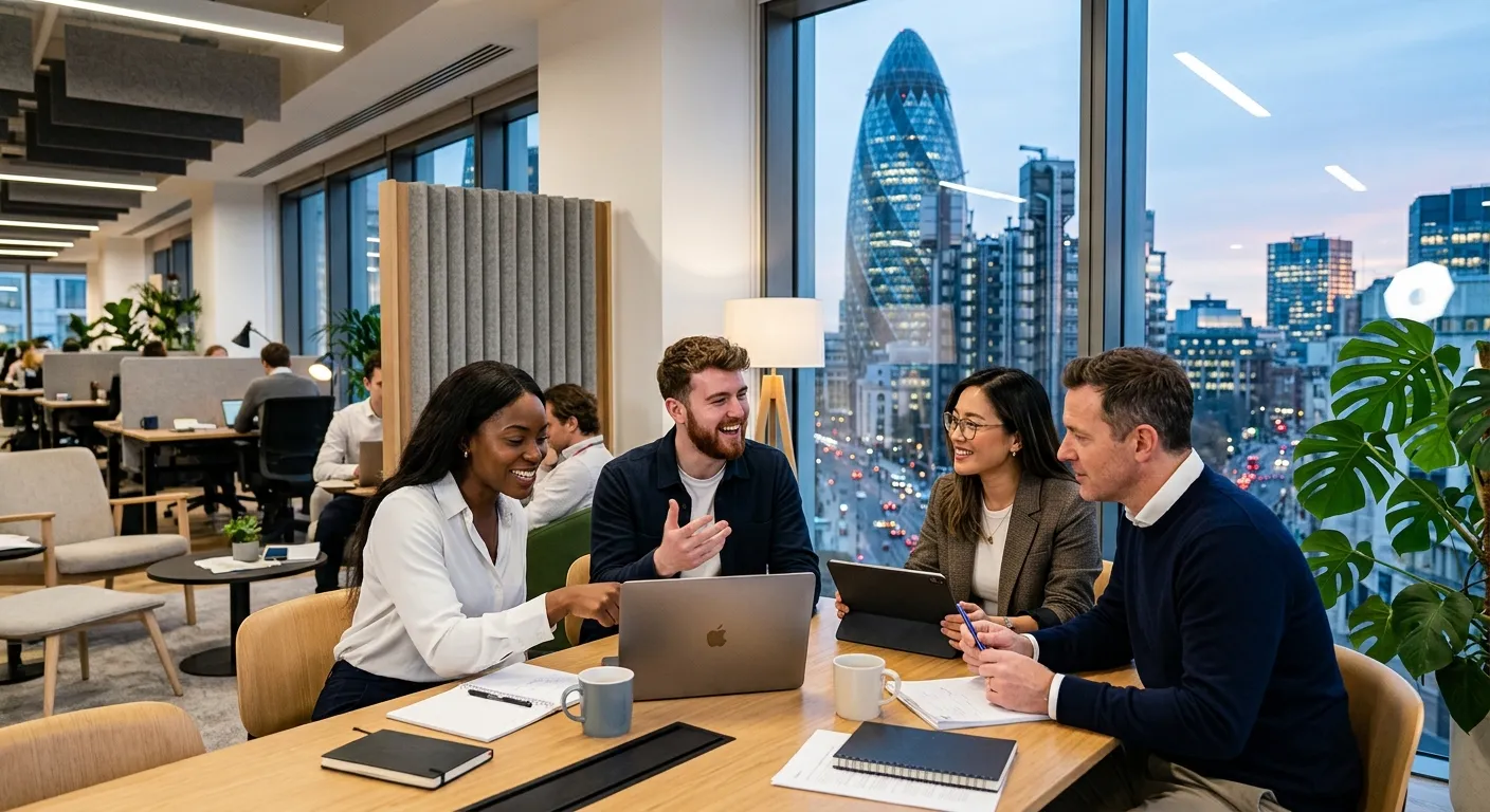 A dynamic, professional photo of diverse professionals collaborating in a modern London office with... A dynamic, professional photo of diverse professionals collaborating in a modern London office with the Gherkin visible through a window. Style: Vibrant, sharp, aspirational.