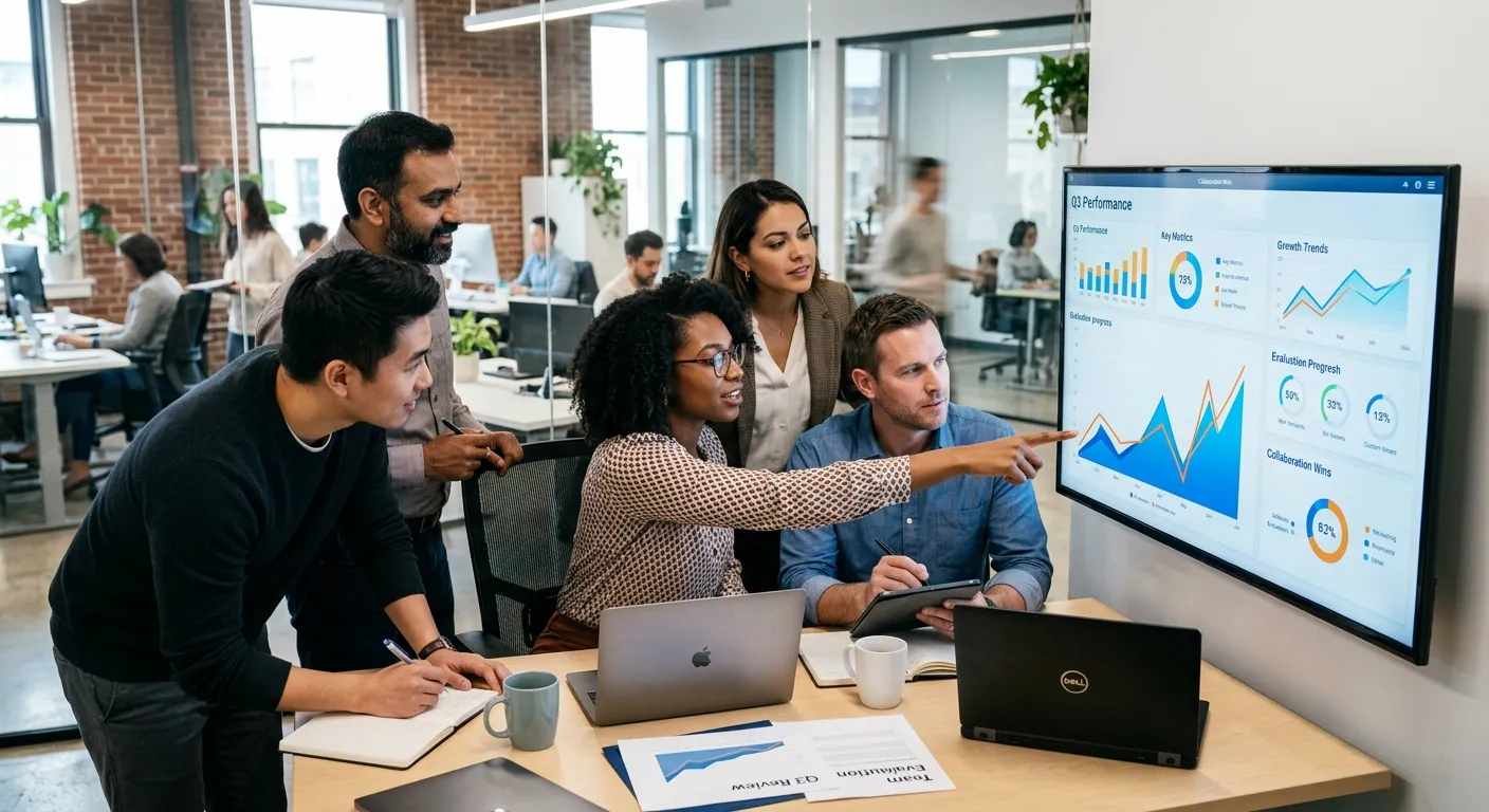 A diverse group of professionals collaborating in a modern office setting, one pointing to a graph o... A diverse group of professionals collaborating in a modern office setting, one pointing to a graph on a monitor, symbolizing the evaluation and teamwork during a temp-to-hire period. Style: professional, candid, dynamic.