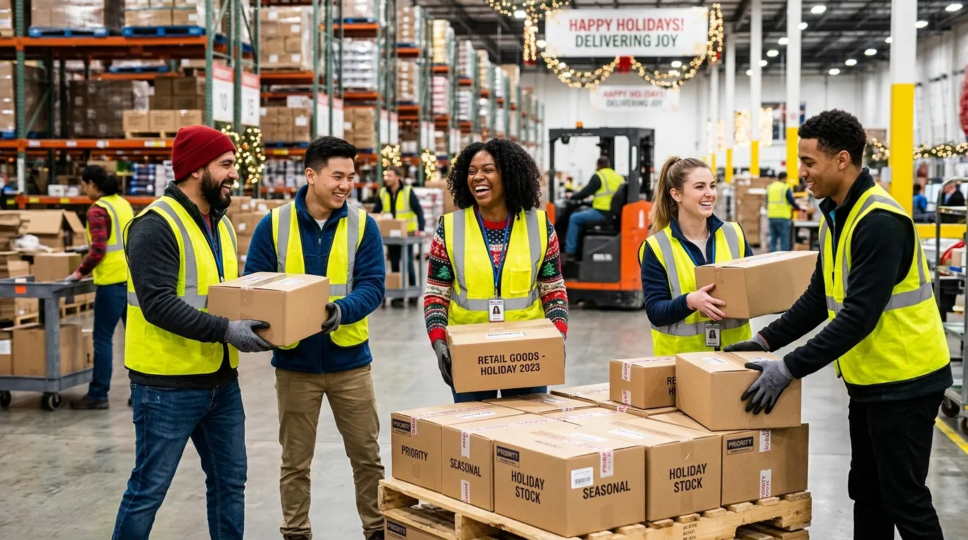A dynamic, professional hero image showing a diverse group of seasonal workers in a retail warehouse setting during a busy holiday period. They are smiling, engaged, and stacking boxes. Style is bright, high-contrast, and energetic. Mood is professional, efficient, and team-oriented.