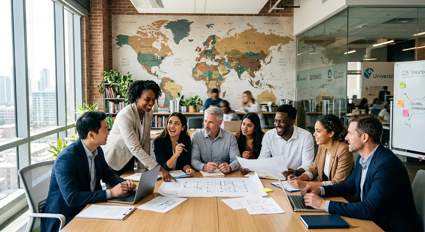 A diverse group of professional workers of various ages and ethnicities collaborating in a modern, s... A diverse group of professional workers of various ages and ethnicities collaborating in a modern, sunlit office with a world map on the wall. Style: professional, inspiring, high-contrast.
