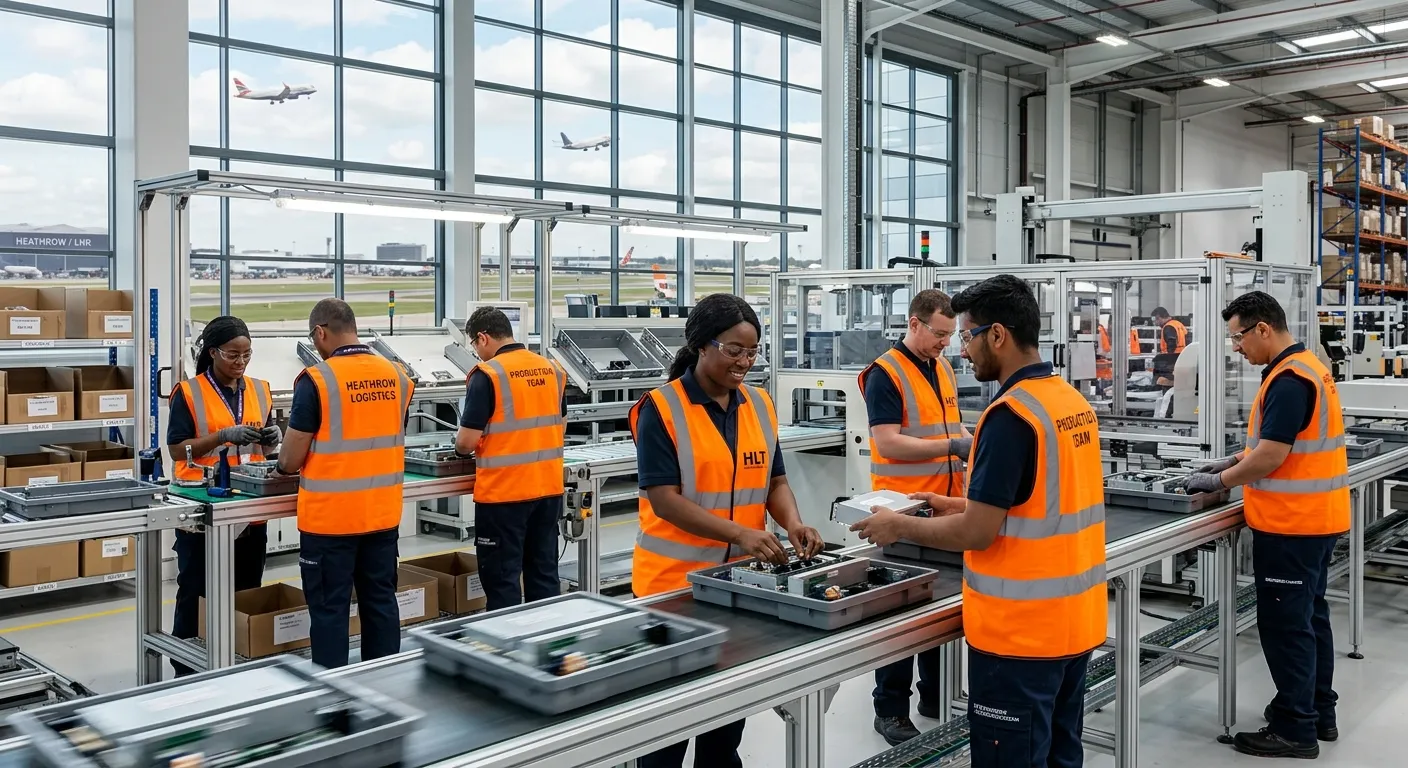 Professional hero image showing a diverse team of production operatives in high-visibility vests, wo... Professional hero image showing a diverse team of production operatives in high-visibility vests, working efficiently on a modern assembly line within a clean, well-organised warehouse near Heathrow airport. The mood is productive, energetic, and focused, with natural light streaming in from large warehouse windows.