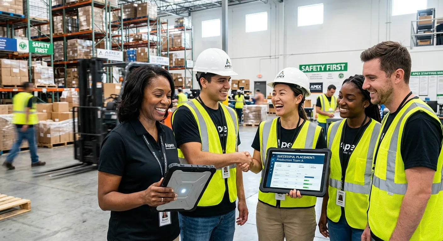 Professional, dynamic image of a diverse group of happy temp agency workers and a staffing manager in a modern office or warehouse environment, shaking hands and looking at a digital tablet. Style: high-resolution, bright, professional, conveying energy and successful collaboration.
