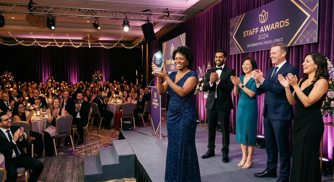 A dynamic, professional photograph of a staff awards ceremony in full swing. A diverse group of employees in formal wear are smiling and clapping as a colleague holds an award on a stage with elegant purple and slate decor. Mood: celebratory, sophisticated, inclusive.
