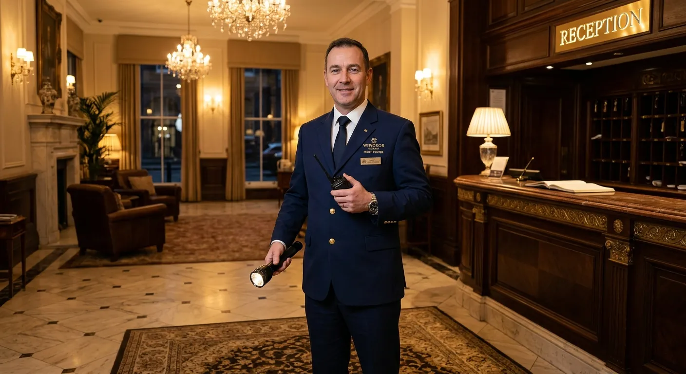 Professional photo of a Night Porter in a smart hotel uniform, holding a torch and walkie-talkie, st... Professional photo of a Night Porter in a smart hotel uniform, holding a torch and walkie-talkie, standing in a well-lit, elegant hotel lobby at night. The mood is trustworthy, capable, and professional.