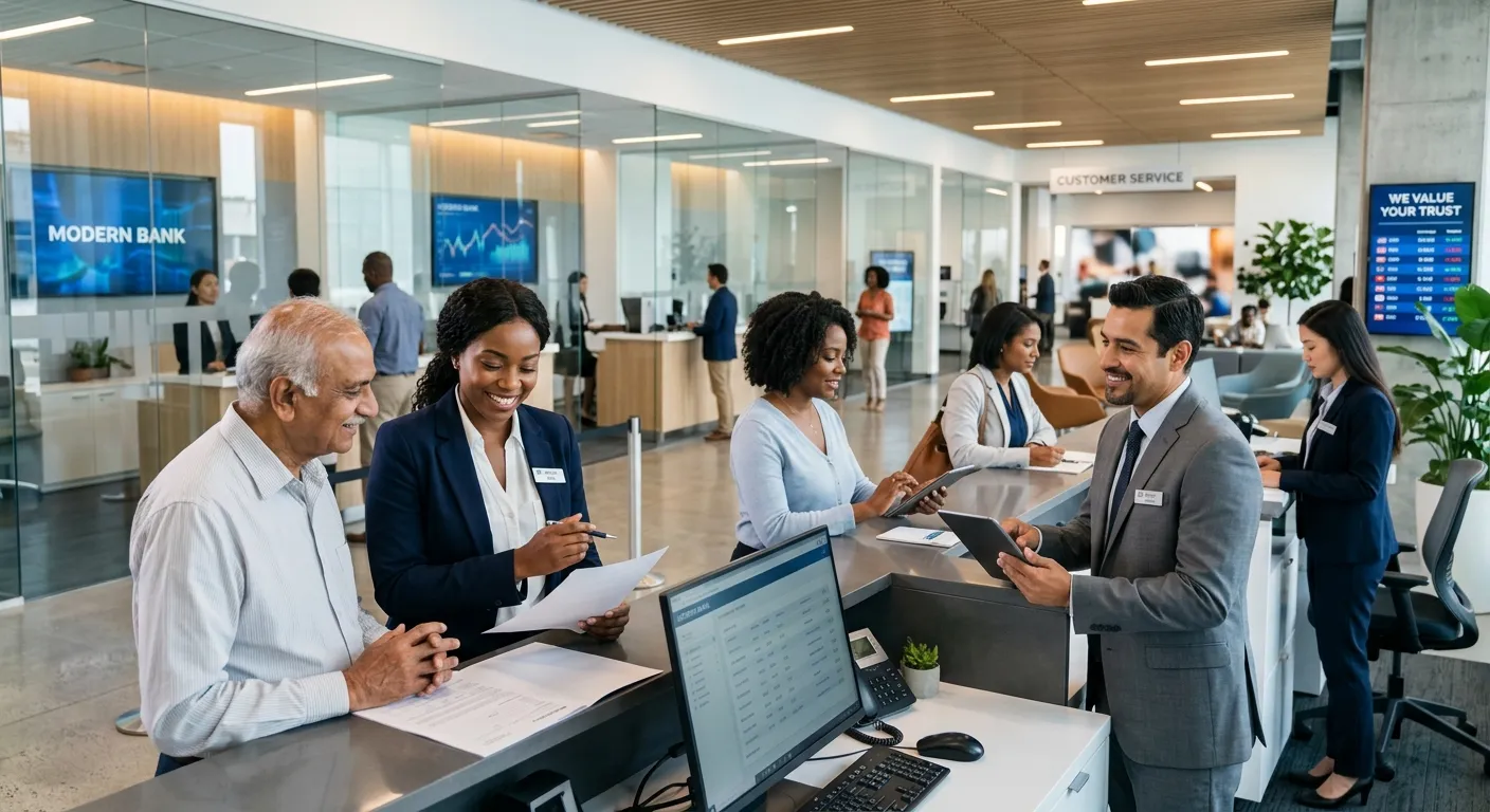 A professional, diverse group of bank staff in a modern banking hall, smiling and interacting with customers. The mood is confident, trustworthy, and efficient. Style: High-quality, bright, corporate photography.