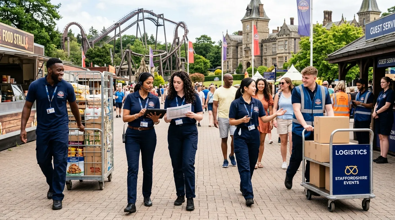 A dynamic, professional hero image showing a diverse team of hospitality and warehouse staff working efficiently in a vibrant Staffordshire setting, perhaps at Alton Towers or a local event. The mood is energetic, professional, and solution-oriented.