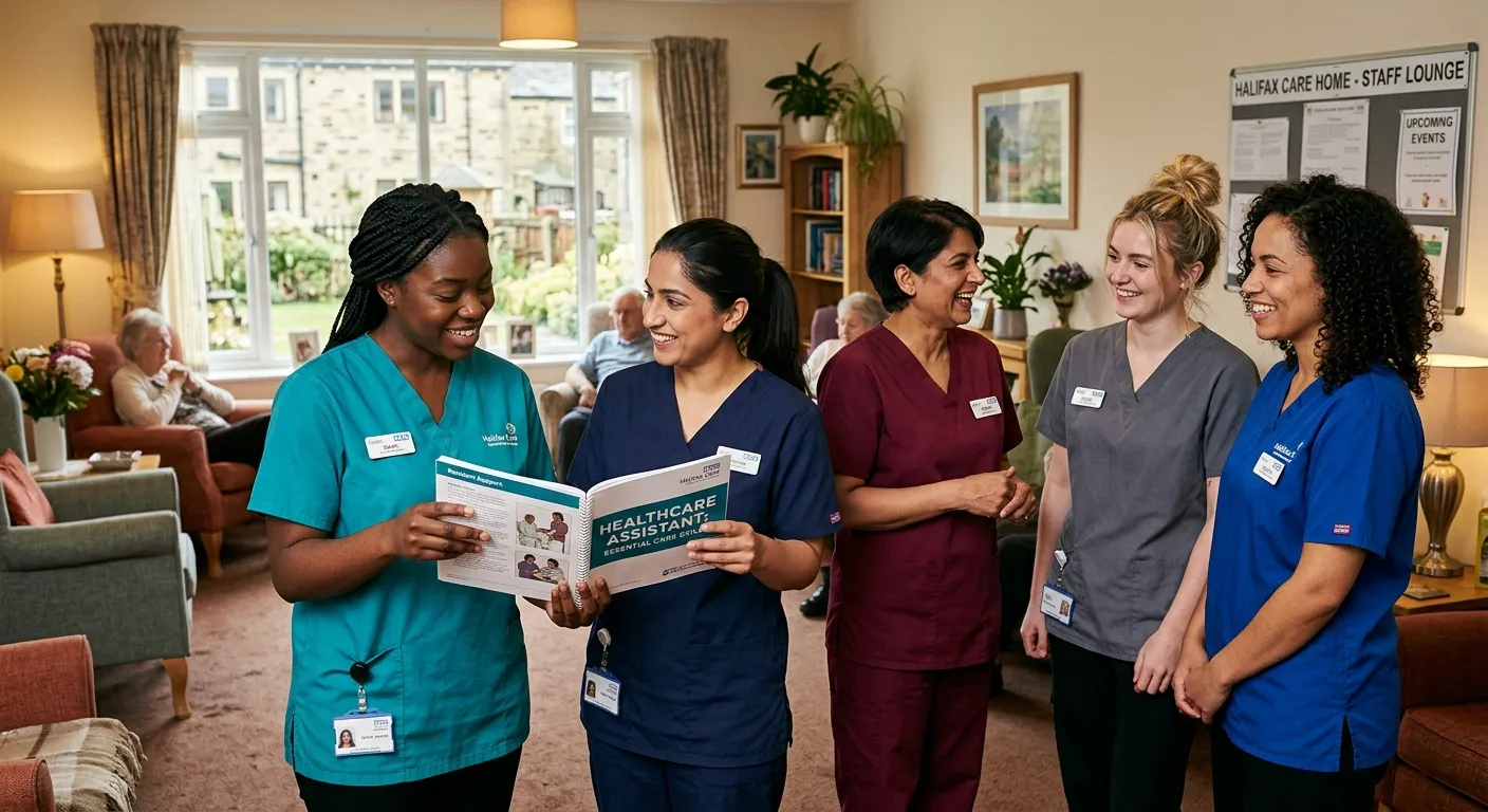 A diverse group of Healthcare Assistants in scrubs, smiling and talking in a Halifax care home loung... A diverse group of Healthcare Assistants in scrubs, smiling and talking in a Halifax care home lounge, one showing a training manual to another
