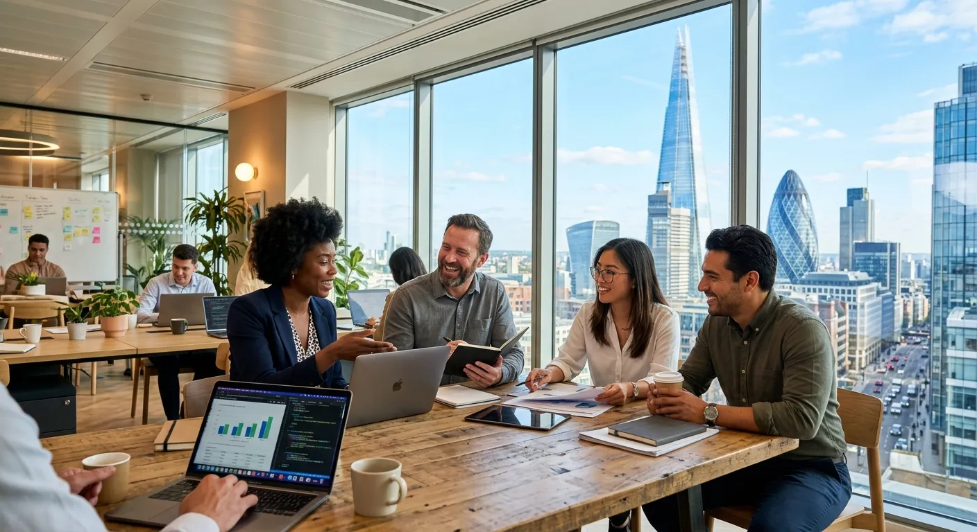 A dynamic, professional shot of diverse teams collaborating in a modern London office, with the Gher... A dynamic, professional shot of diverse teams collaborating in a modern London office, with the Gherkin or Shard visible through a glass window. Style: Bright, aspirational, with a focus on connection and productivity.