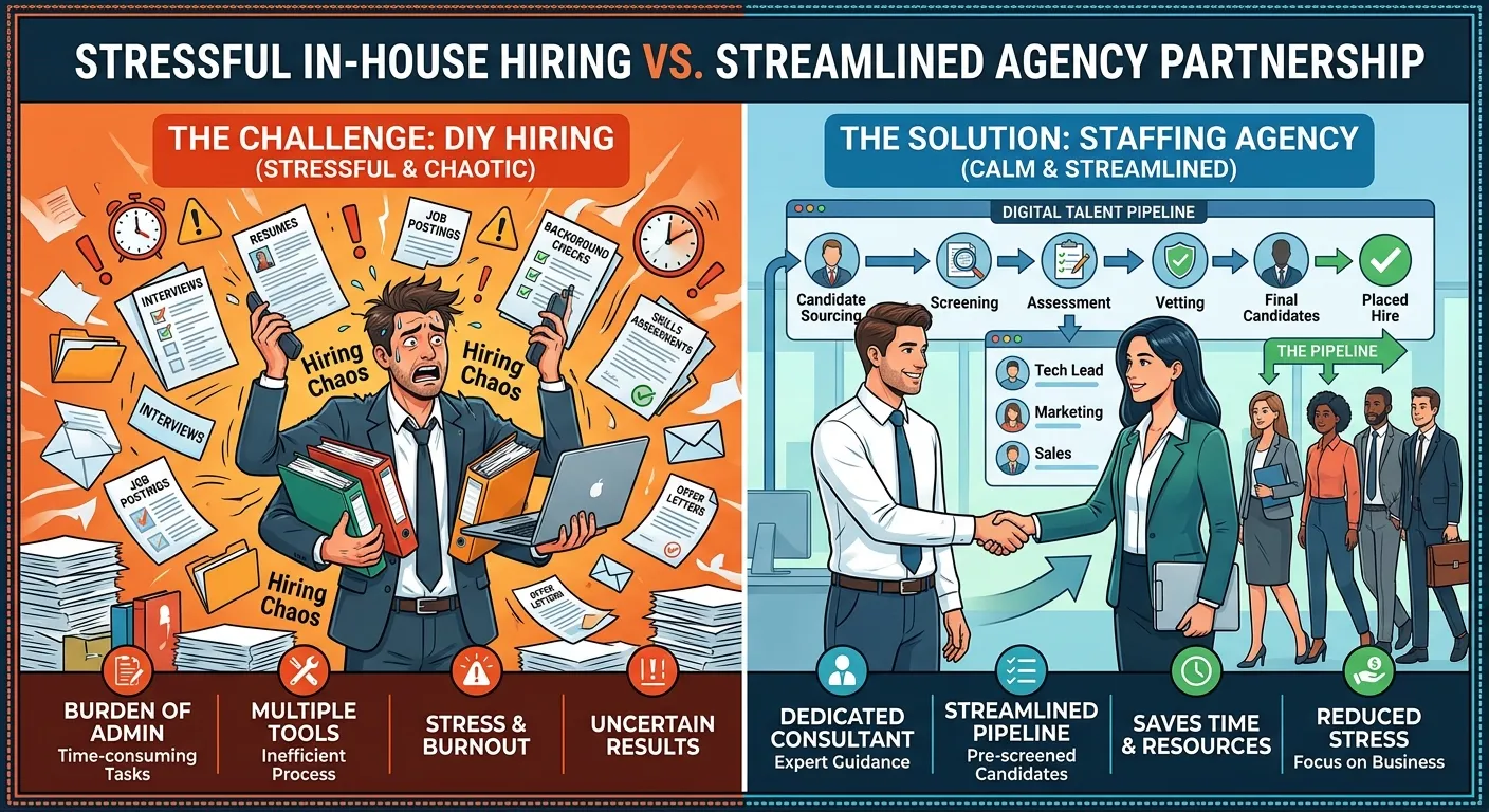 An illustrated infographic comparing a business owner juggling multiple hiring tasks stressfully on one side, versus calmly shaking hands with a staffing agency consultant who manages a streamlined talent pipeline on the other.